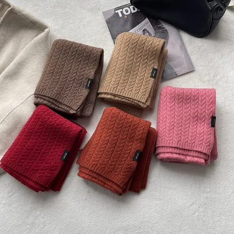 100% Wool Knit Scarf For Women Japanese Retro Style Thick Warm Winter Cable Knit Neck Warmer Solid Color Fashion Accessory