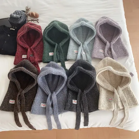 Women Autumn Winter Knitted Balaclava Hooded Scarf Solid Color Button Windproof Warm Knit Hat Outdoor Neck Warmer