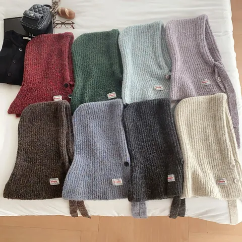 Women Autumn Winter Knitted Balaclava Hooded Scarf Solid Color Button Windproof Warm Knit Hat Outdoor Neck Warmer