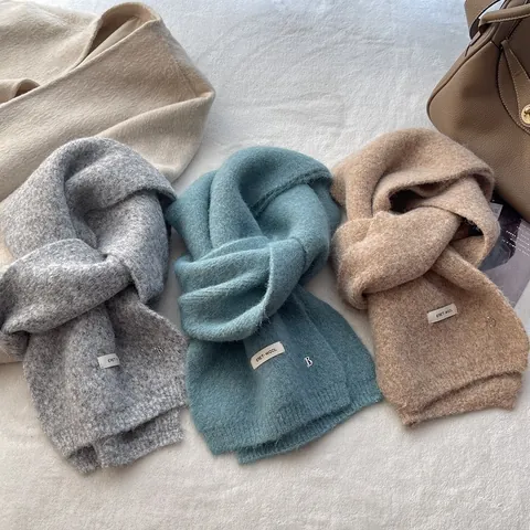 Knitted Solid Color Winter Warm Scarf For Women Men Versatile Wool Blend Neck Warmer Soft Comfortable Scarf With Decoration