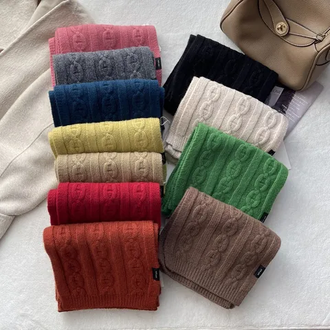 100% Wool Knitted Scarf For Women Winter Warm Thick Cable Knit Anchor Chain Pattern Solid Color Neck Warmer Mid Length Scarf