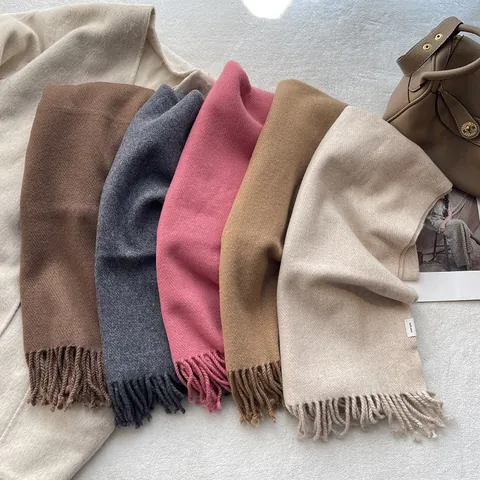 100% Wool Winter Scarf For Women Thick Warm Solid Color Tassel Scarf Soft Woven Neck Warmer Luxury Pashmina Shawl For Unisex