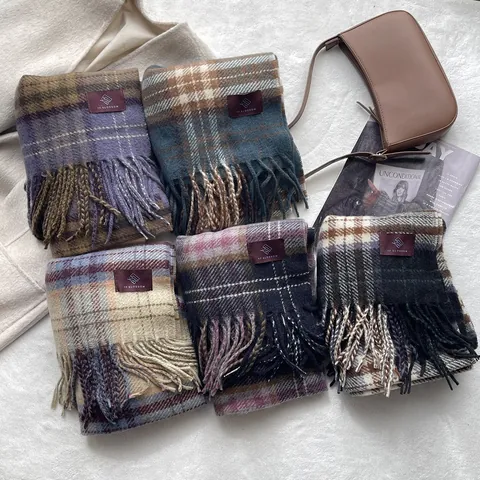 Sciarpa a Quadri Vintage Con Nappe per Donna Inverno Caldo Morbido Plaid Scialle Pashmina Sciarpa a Maglia Spessa Accessorio