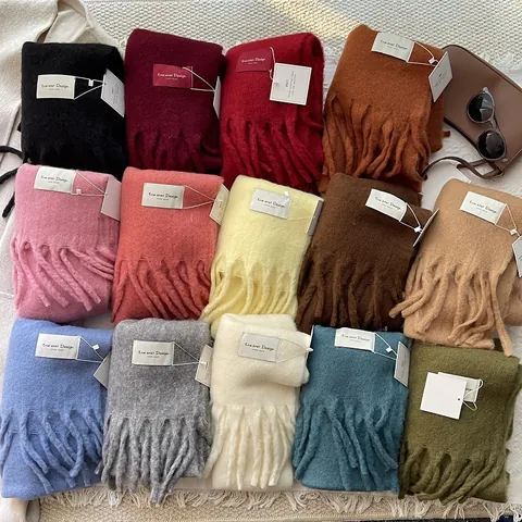 Winter Solid Color Tassel Scarf For Women Men Soft Imitation Cashmere Shawl Wrap Warm Neck Scarf Icelandic Sea Salt Blue