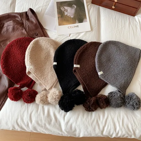 Cappello Passamontagna da Donna 100% Lana Con Doppi Pompon Cappuccio Invernale Caldo In Maglia Protezione Per Le Orecchie Berretto Casual Tinta Unita