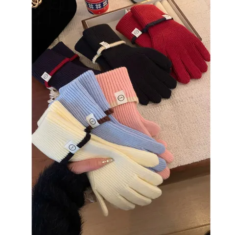 Gants en Tricot d'Hiver pour Femmes Épais Chauds en Acrylique Nervurés Gants Tactiles Mitaines Multicolores pour Temps Froid