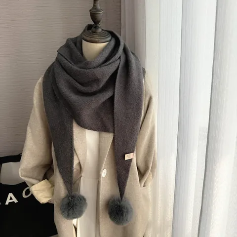 Winter Warm Knitted Scarf Women With Detachable Faux Fur Pom Poms Solid Color Thickened Japanese Style Wool Shawl Neck Warmer