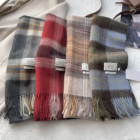 Klassischer Karomuster 100% Wollschal Für Damen Winter Dick Warm Kariert Omslagstuch Mit Quasten Weich Langer Halsschal Zubehör