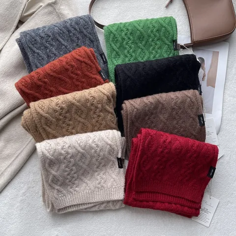 Merino Wool Cable Knit Scarf For Men Women Thick Winter Warm Solid Color Neck Warmer Elegant Korean Style Long Scarf Wrap