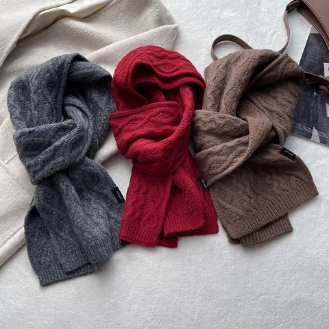 Merino Wool Cable Knit Scarf For Men Women Thick Winter Warm Solid Color Neck Warmer Elegant Korean Style Long Scarf Wrap