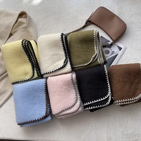 Damen Einfarbiger Dicker Warmer Schal Mit Kontrast-Peitschenstichkante Weicher Fleece-Gewebter Schal Für Den Winteralltag Wrap Shawl