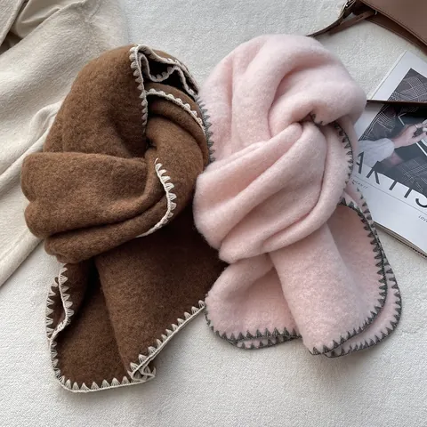 Damen Einfarbiger Dicker Warmer Schal Mit Kontrast-Peitschenstichkante Weicher Fleece-Gewebter Schal Für Den Winteralltag Wrap Shawl