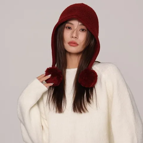 Cappello Passamontagna da Donna 100% Lana Con Doppi Pompon Cappuccio Invernale Caldo In Maglia Protezione Per Le Orecchie Berretto Casual Tinta Unita