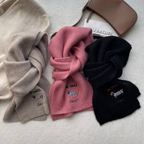Cute Dachshund Embroidered Knitted Scarf Soft Warm Winter Wool Blend Neck Warmer For Women Girls Student Japanese Style