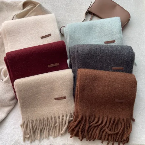 Écharpe d'Hiver Épaisse en Mélange de Laine Pour Hommes Femmes Châle Long à Glands Couleur Unie Chaud Doux Minimaliste Style Cachemire