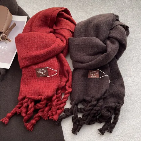 Women Winter Thick Warm Scarf Large Tassel Solid Color Knitted Shawl Dual Use Fashion Neck Warmer Wrap Polyester Wool Blend