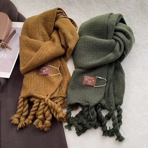 Women Winter Thick Warm Scarf Large Tassel Solid Color Knitted Shawl Dual Use Fashion Neck Warmer Wrap Polyester Wool Blend