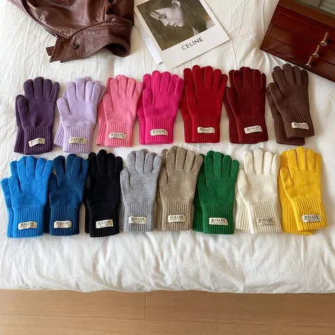 Women Winter Knitted Thick Warm Touchscreen Gloves Solid Color Ribbed Cuff Thermal Five Finger Mittens For Cycling Driving