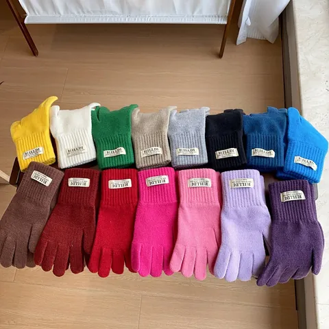 Women Winter Knitted Thick Warm Touchscreen Gloves Solid Color Ribbed Cuff Thermal Five Finger Mittens For Cycling Driving