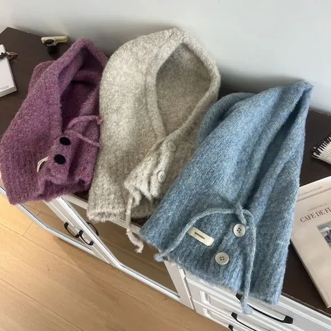 Women Knit Balaclava Hooded Scarf With Buttons Drawstring Wool Blend Thermal Windproof Winter Warm Neck Warmer Integrated Hat