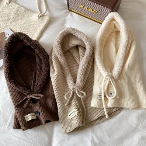Passamontagna Invernale da Donna Sciarpa Con Cappuccio Berretto in Maglia Ispessita Con Fodera in Finta Lana Coulisse Bottone Scaldacollo