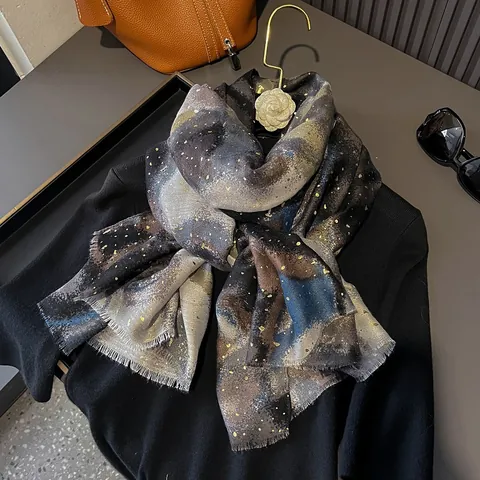 Damen Schal Mit Künstlerischem Marmormuster Goldprägung Farbverlauf Stola Mit Fransen Herbst Winter Warm Polyester Umhang