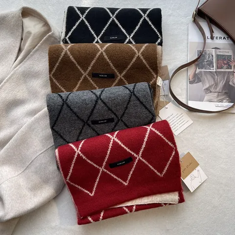 Bufanda de Invierno Gruesa de Punto para Mujer Cálida Mezcla de Lana Argyle Snood Calentador de Cuello Doble Cara Vintage