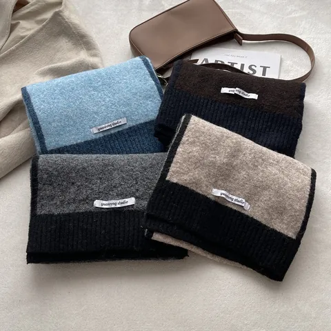 Sciarpa a Maglia in Misto Lana Calda Invernale da Donna Patchwork a Blocchi di Colore Sciarpa a Costine Casual per Studenti