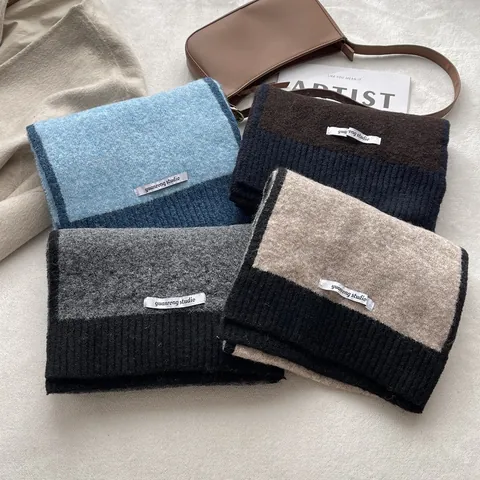 Sciarpa a Maglia in Misto Lana Calda Invernale da Donna Patchwork a Blocchi di Colore Sciarpa a Costine Casual per Studenti