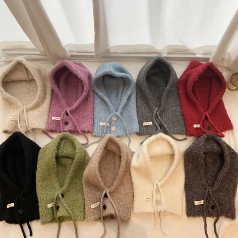 Women Knitted Balaclava Hat Scarf Integrated Warm Winter Hooded Cap With Buttons Drawstring Korean Style Cold Weather
