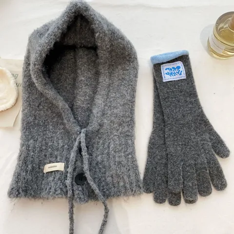 Women Knitted Balaclava Hat Scarf Integrated Warm Winter Hooded Cap With Buttons Drawstring Korean Style Cold Weather