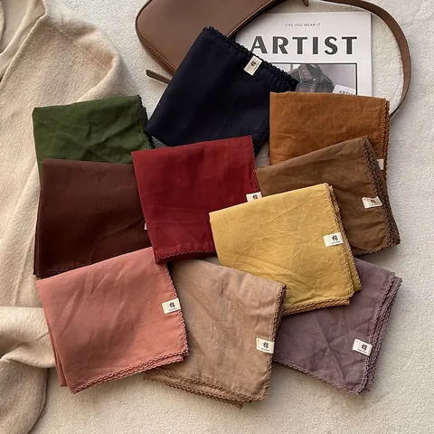 Foulard Quadrato in Cotone Tinta Unita da Donna Scialle a Doppio Strato Con Bordo in Pizzo Foulard Vintage Fascia Capelli