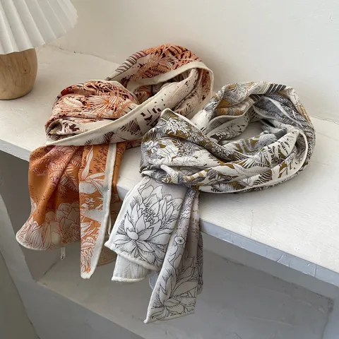 Japanese Elegant Satin Scarf For Women Vintage Botanical Tropical Print Long Shawl Warm Wrap Fashion Decorative Accessory