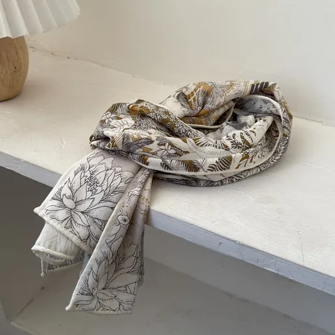 Japanese Elegant Satin Scarf For Women Vintage Botanical Tropical Print Long Shawl Warm Wrap Fashion Decorative Accessory