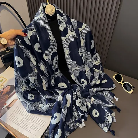 Sciarpa da Donna alla Moda in Cotone e Lino Grande Scialle Protezione Solare Avvolgente Leggera Con Nappine per Donna