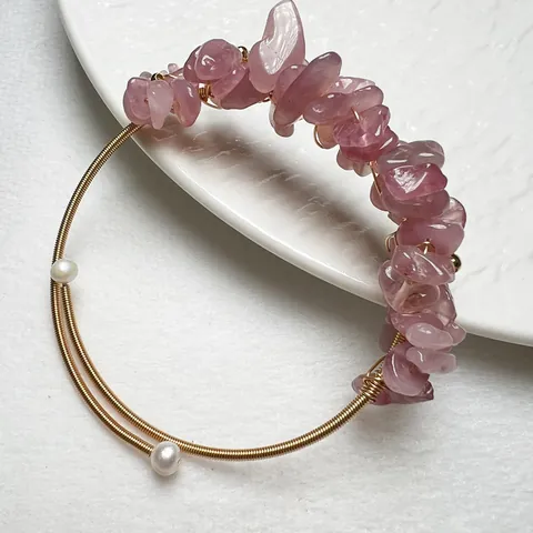 Φυσικό Κρυστάλλινο Χαλίκι Χειροποίητο Βραχιόλι Τυλιγμένο με Σύρμα Επιχρυσωμένο 14Κ Μαργαριτάρι Γλυκού Νερού Γυναικεία Κοσμήματα
