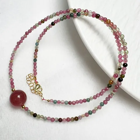 Collar de Cuentas de Turmalina Natural Con Colgante de Cuarzo Fresa Joyería de Cristal Multicolor Minimalista Para Mujer