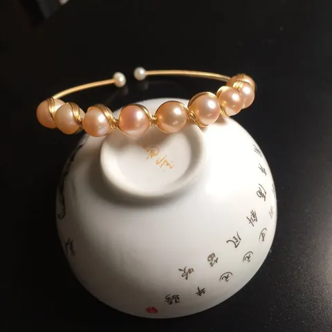 Handmade Natural Freshwater Pearl Wire Wrapped Open Bangle For Women Elegant 14K Gold Filled Minimalist Bracelet Jewelry Gift