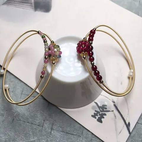 14K Gold Filled Natural Garnet Tourmaline Wire Wrapped Bracelet For Women Handmade Double Layer Opening Adjustable Artificial Pearl Bangle Jewelry
