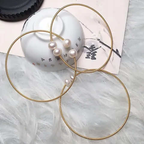 Natural Freshwater Pearl Open Bangle Bracelet 14K Gold Filled Wire Wrapped Minimalist Elegant Handmade Jewelry For Women