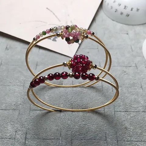 14K Gold Filled Natural Garnet Tourmaline Wire Wrapped Bracelet For Women Handmade Double Layer Opening Adjustable Artificial Pearl Bangle Jewelry