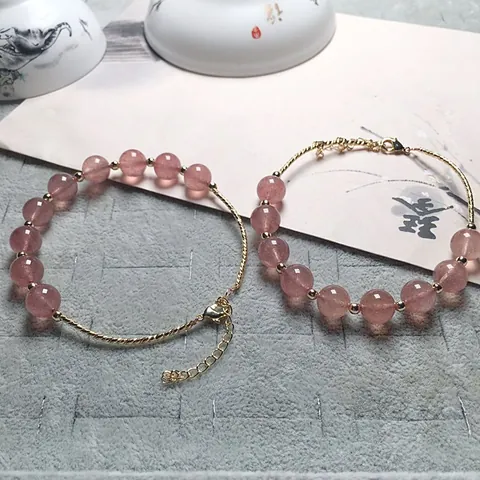 Natural Strawberry Quartz Pink Beads Bracelet 14K Gold Filled Accessories Adjustable Clasp Elegant Jewelry For Women Gift