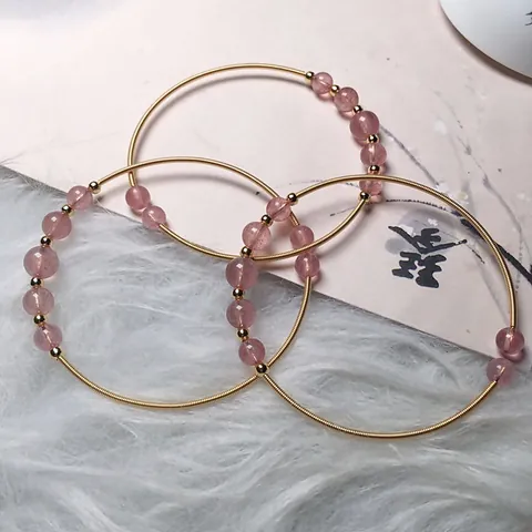 14K Gold Filled Wire Wrapped Natural Strawberry Quartz Bracelet Women Elegant Pink Crystal Stackable Hand Jewelry