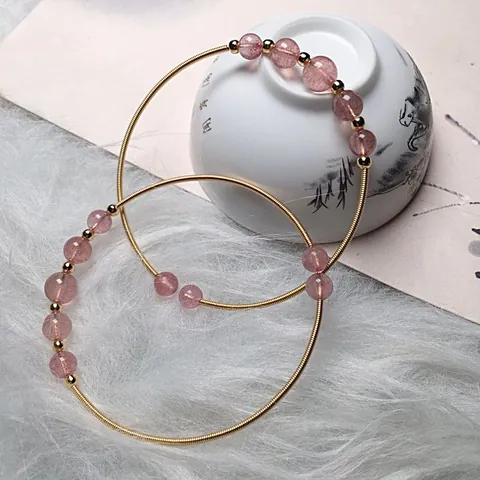 14K Gold Filled Wire Wrapped Natural Strawberry Quartz Bracelet Women Elegant Pink Crystal Stackable Hand Jewelry