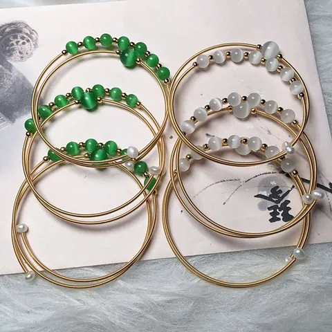 14K Gold Filled Multi Coil Wrap Bracelet With Synthetic Cat's Eye Beads And White Artificial Pearl For Women Elegant Vintage Jewelry
