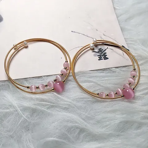 Elegant Pink Synthetic Cat's Eye Stone 14K Gold Filled Spiral Wire Wrap Bangle Bracelet With Artificial Pearl Ends For Women Jewelry