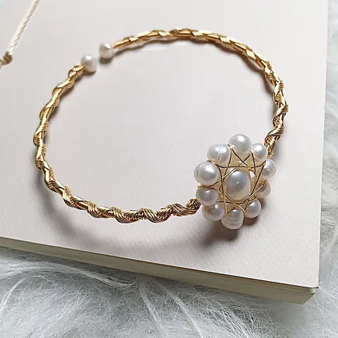 Handmade Natural Freshwater Pearl Flower Bangle Bracelet 14K Gold Filled Wire Wrapped Cuff Jewelry For Women Elegant Gift