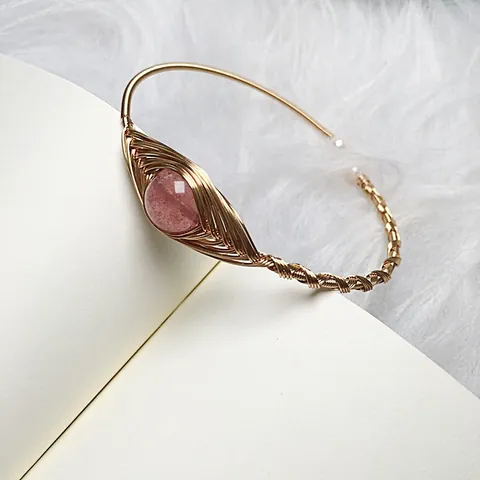 Handmade 14K Gold Filled Wire Wrapped Strawberry Quartz Evil Eye Bangle Women Pink Crystal Artificial Pearl Open Adjustable Bracelet