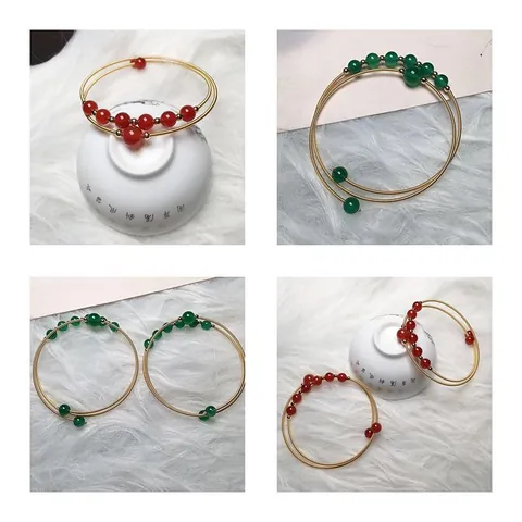 Natural Red Green Agate 14K Gold Filled Wire Wrapped Bangle For Women Vintage Ethnic Spiral Beaded Double Layer Bracelet Jewelry
