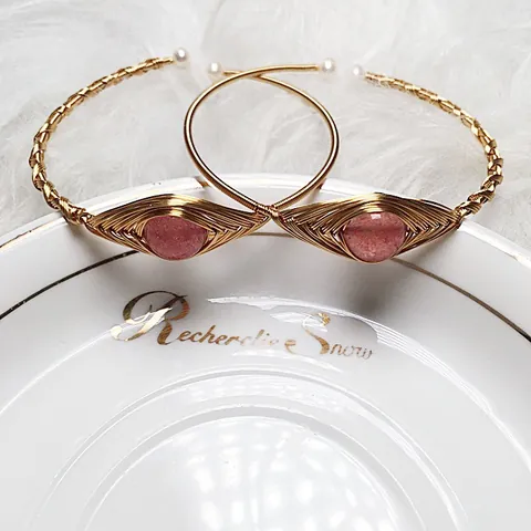 Handmade 14K Gold Filled Wire Wrapped Strawberry Quartz Evil Eye Bangle Women Pink Crystal Artificial Pearl Open Adjustable Bracelet